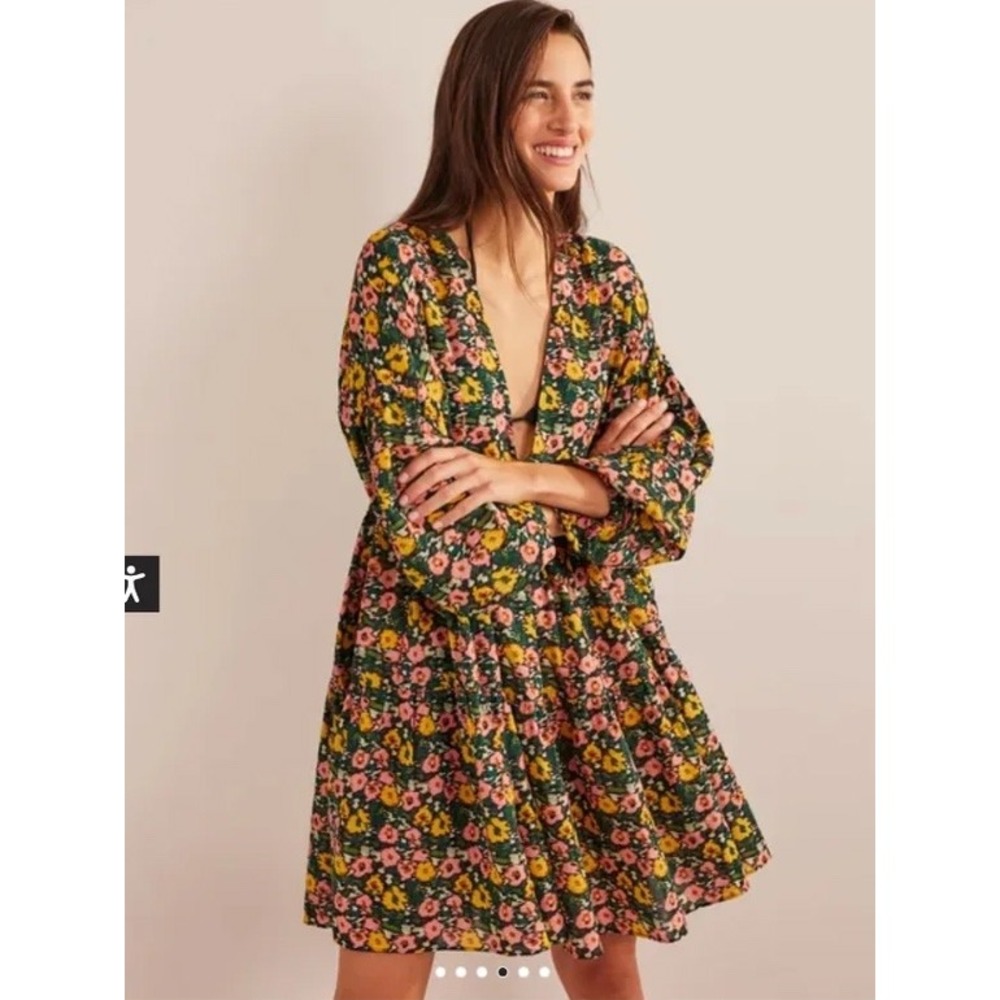 Boden Plunge Floral Bohemian Ruffle Beach Swim Cover Long Sleeve Dress 4L